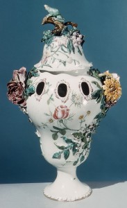 Figure 4: Pair of potpourri vases, Veuve Perrin Factory (only one is pictured here), Date: ca. 1760, Culture: French (Marseille), Medium: Faience (tin-enameled earthenware), Dimensions: H. 18-1/2 in. (47 cm), Classification: Ceramics. Provenance: Count d'Estourmel ; Possibly Marius Bernard (1913–14) ; Gilbert Lévy (1919–20) ; [ Gaston Bensimon (sold to Wilson) ] ; R. Thornton Wilson (until 1950)